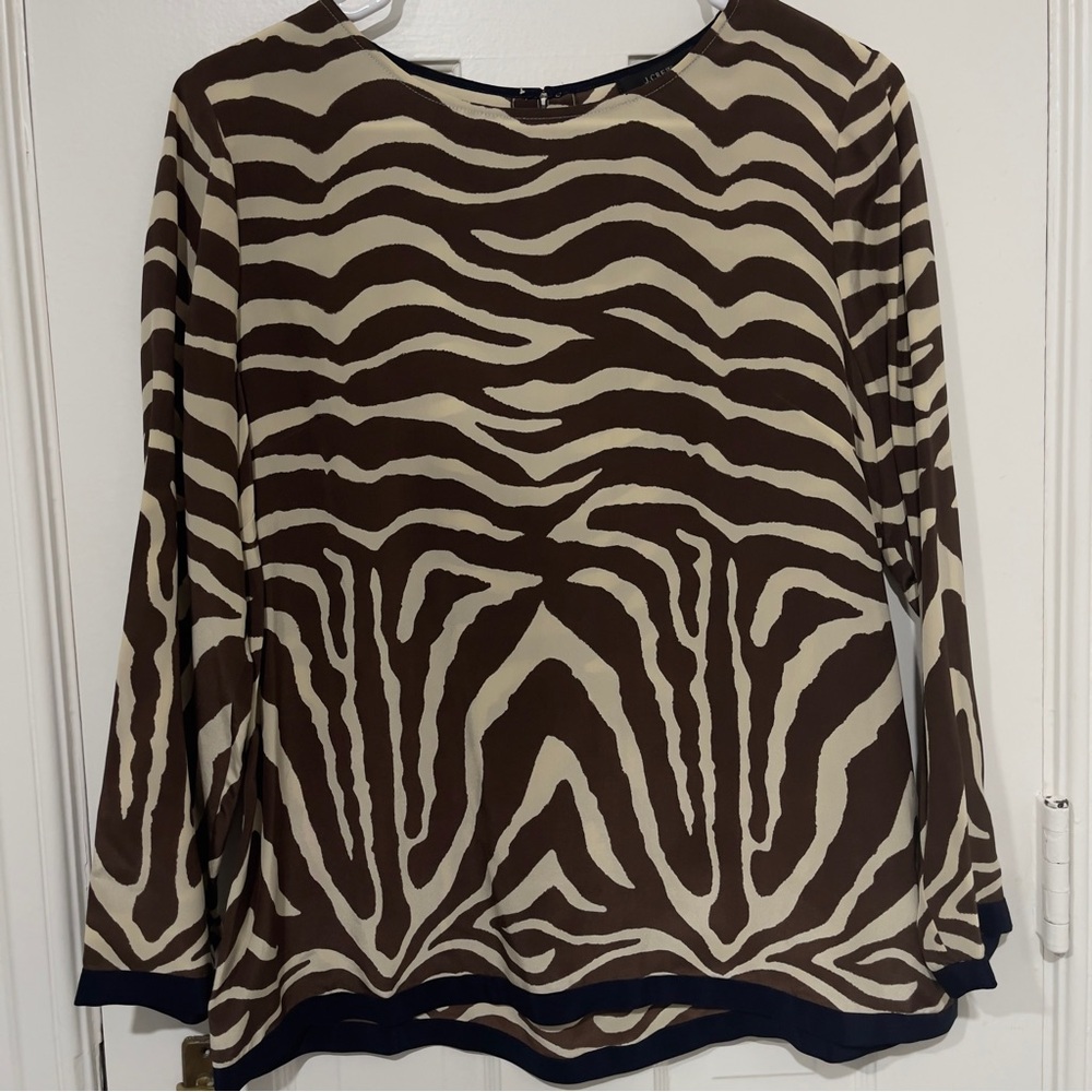 NWOT J. Crew 100% Silk Zebra Print Blouse Top Shirt Women’s Size 10 Navy Trim